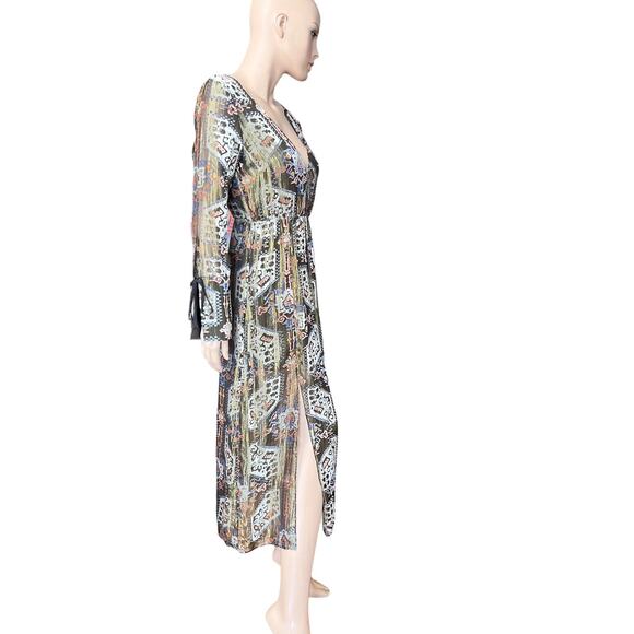 Topshop Metallic Devore Plunge Neck Skater Dress Size 4 Long Sleeves V Neckline - Picture 12 of 16